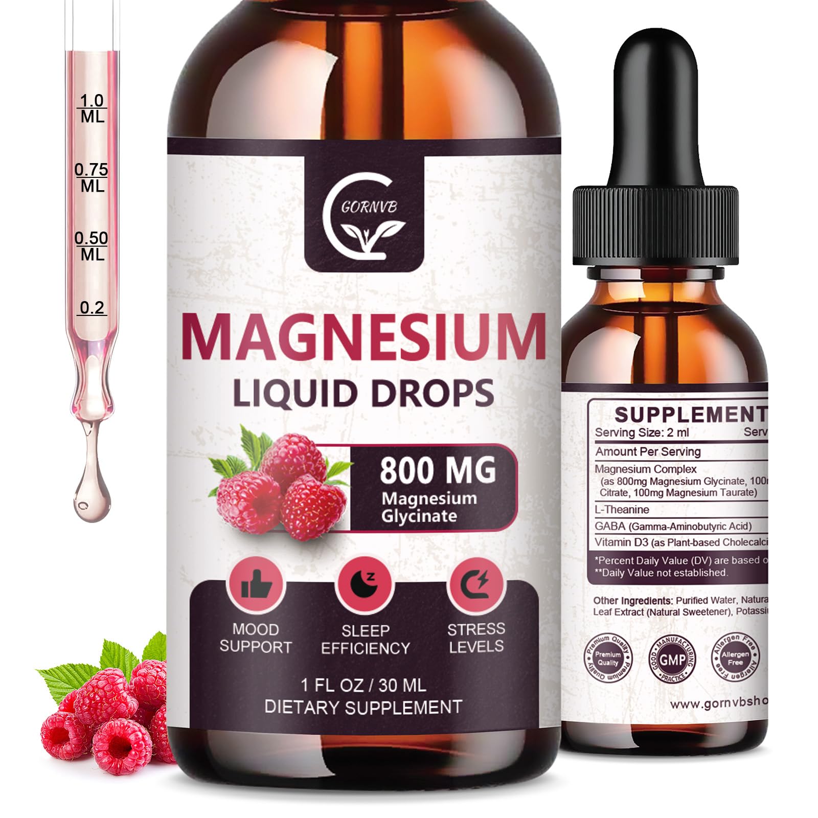 GORNVB frasco frontal de gotas de magnesio con etiqueta clara y beneficio de alta absorción