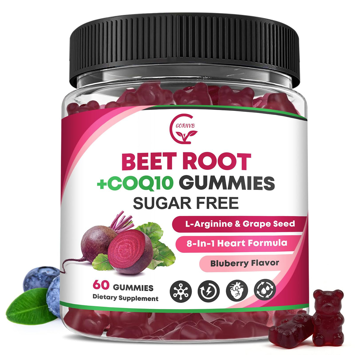 GORNVB envase frontal de gominolas de remolacha mostrando diseño y beneficios