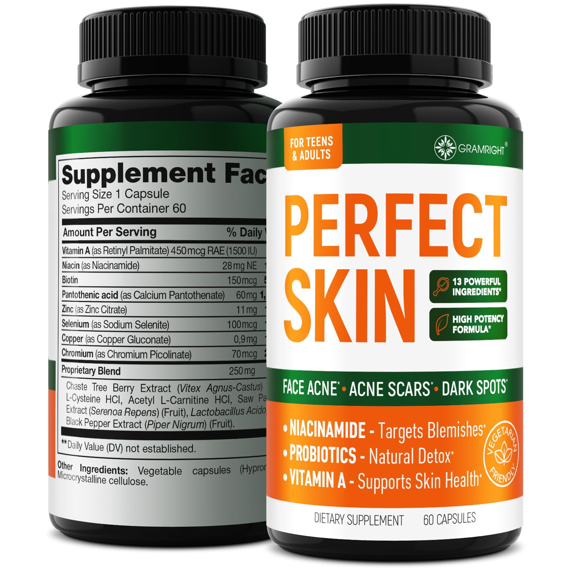 GRAMRIGHT frasco Perfect Skin frente mostrando etiqueta y beneficios