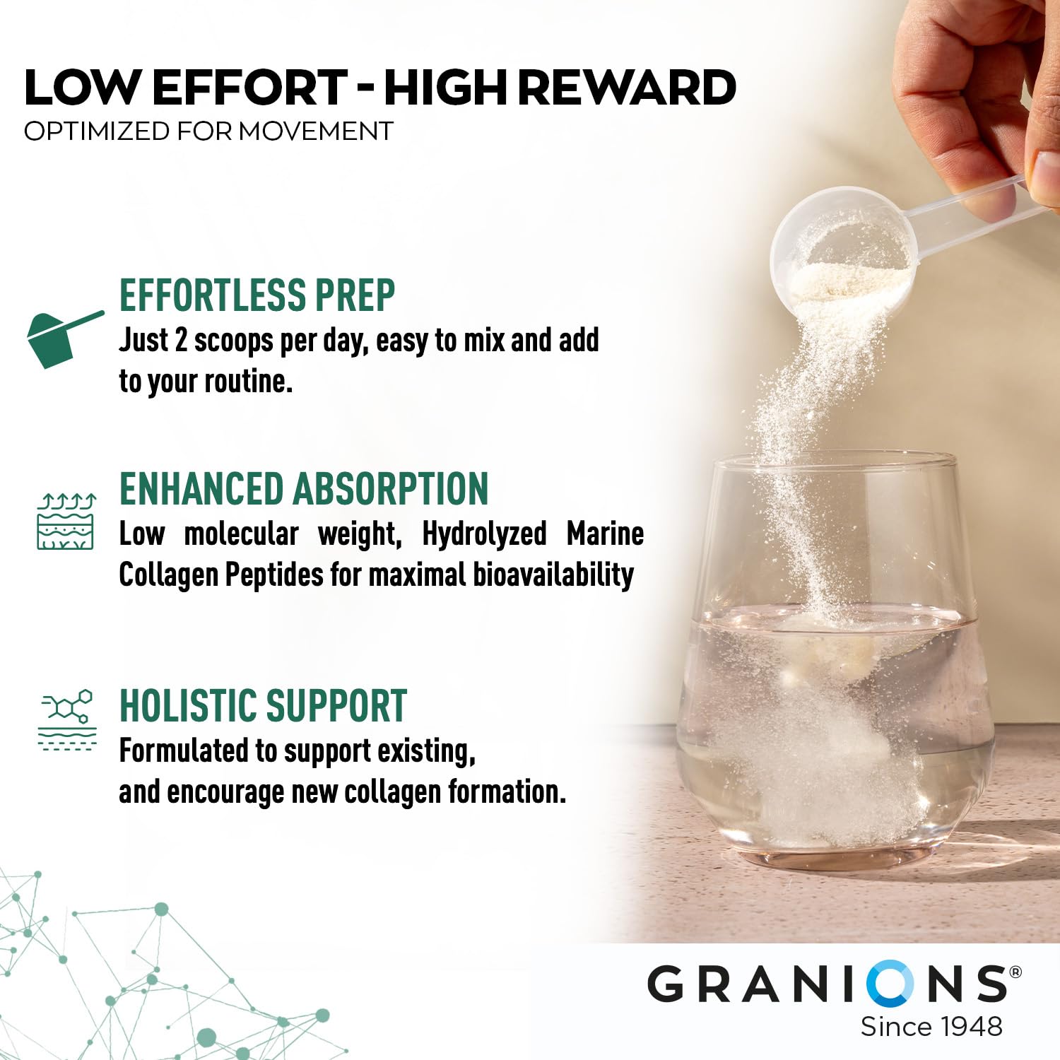 Granions frasco junto a una regla para comparar tamaño y durabilidad del envase