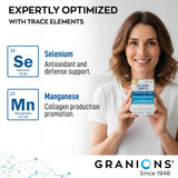 Granions comparación de tamaño del comprimido junto a una moneda