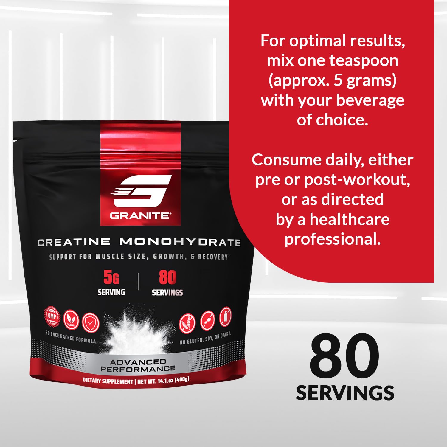 Granite Supplements envase junto a una mano para mostrar escala real