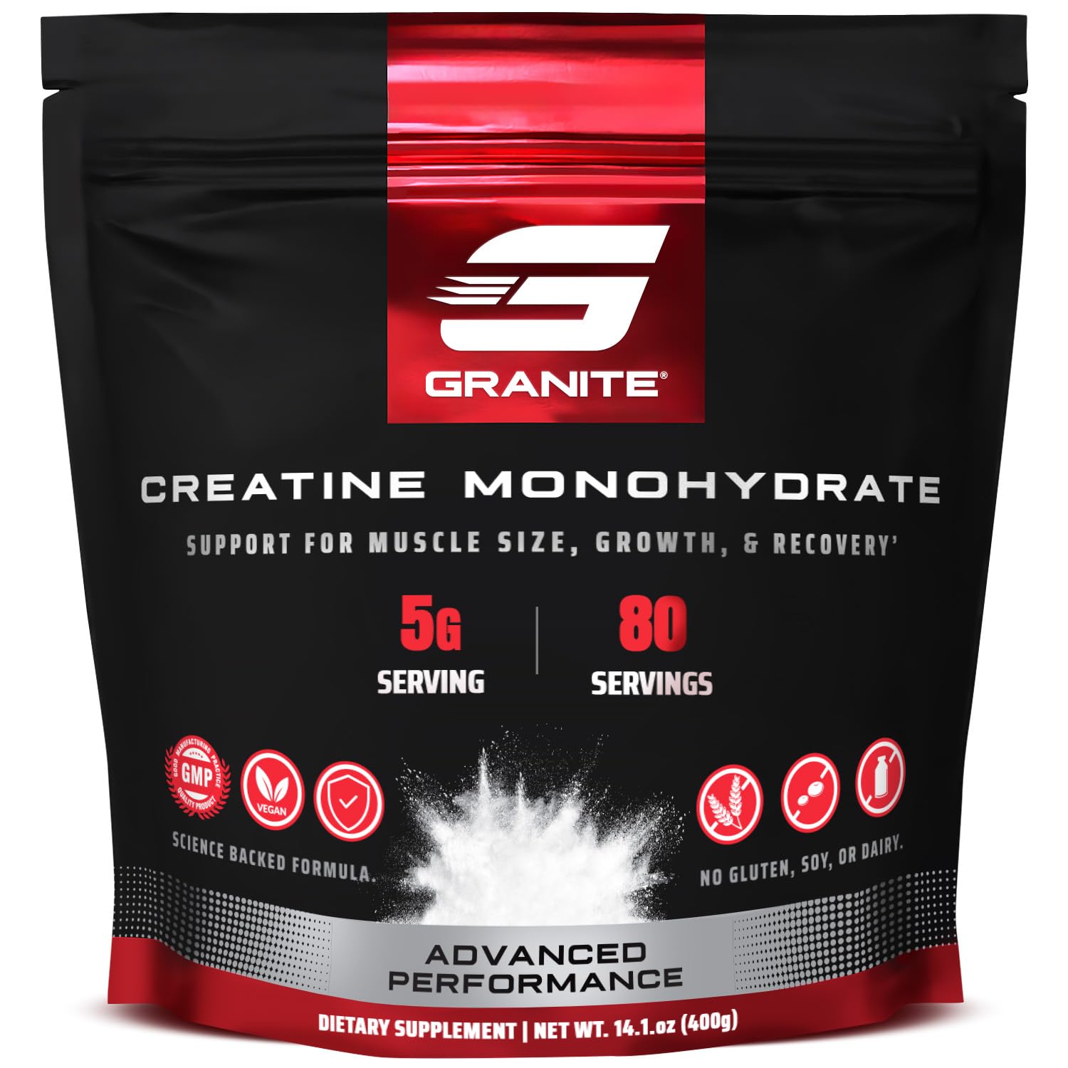 Granite Supplements envase frontal mostrando 80 servicios y pureza