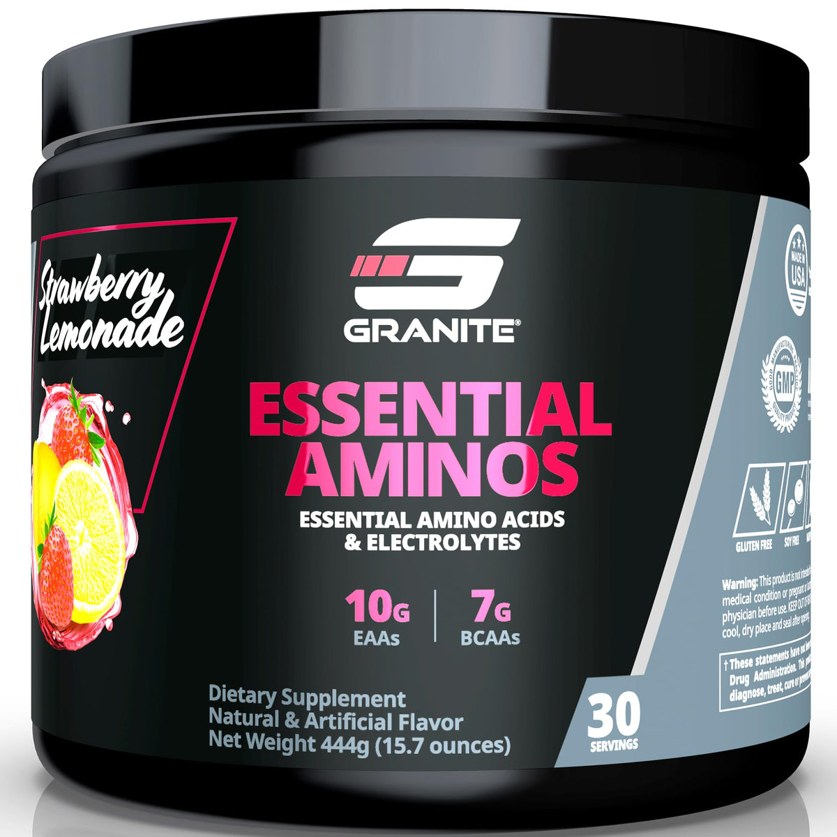 Granite Essential Amino Acids vista frontal con información clara del producto y beneficio de recuperación