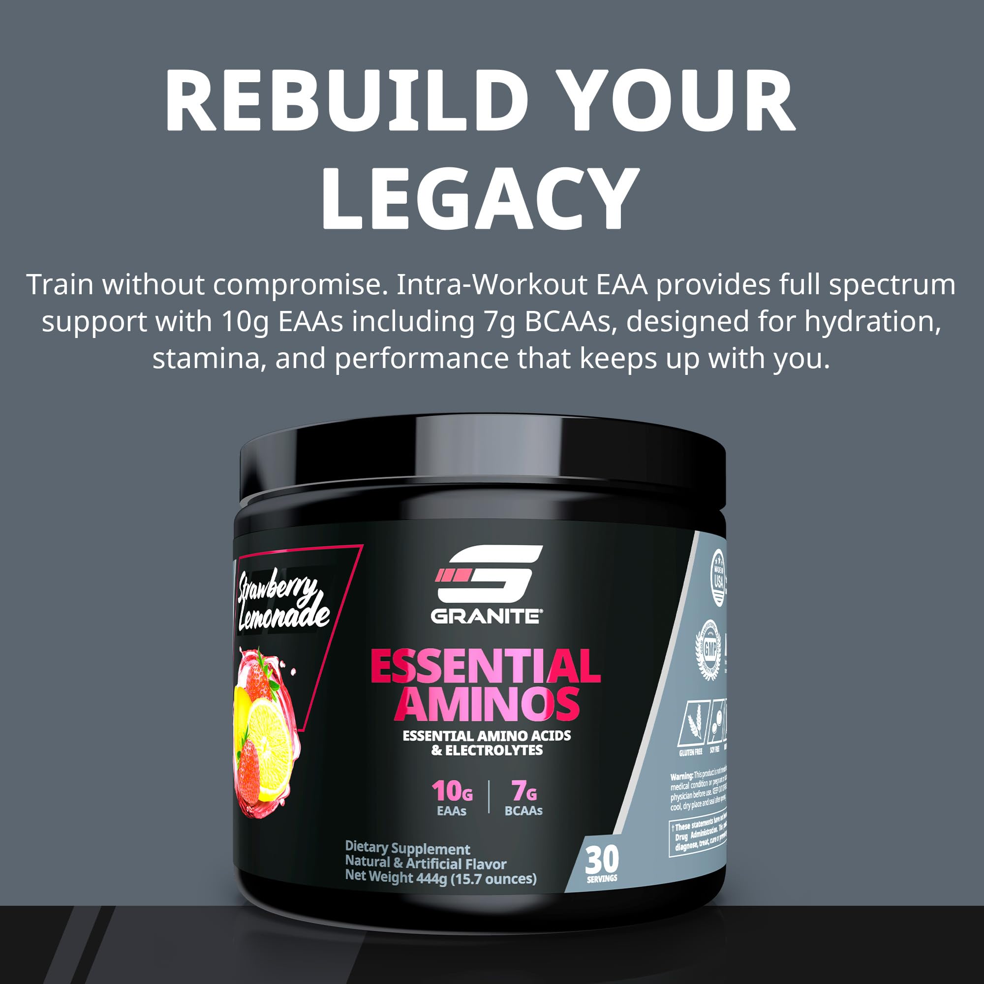 Granite Essential Amino Acids detalle de la etiqueta mostrando ingredientes clave y calidad