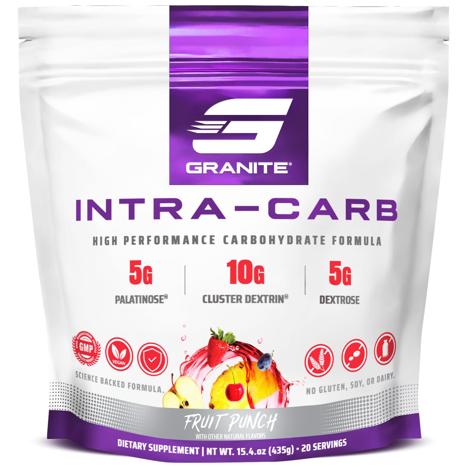 Granite Intra Carb frontal del envase mostrando sabor Fruit Punch y beneficios