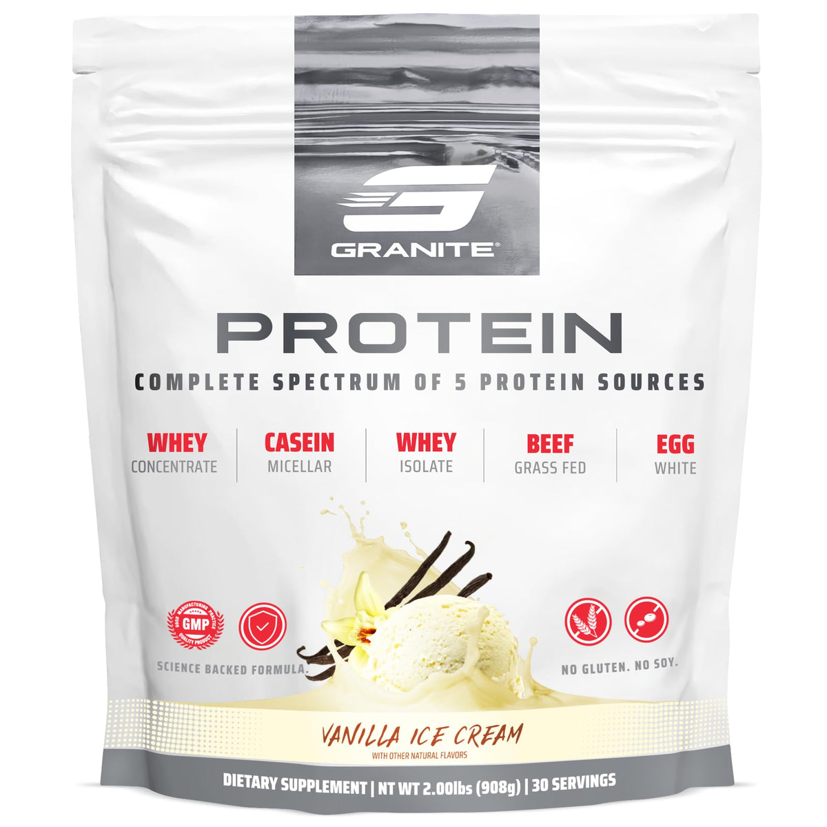 Granite Supplements frasco frontal Vainilla Ice Cream mostrando etiqueta y beneficios