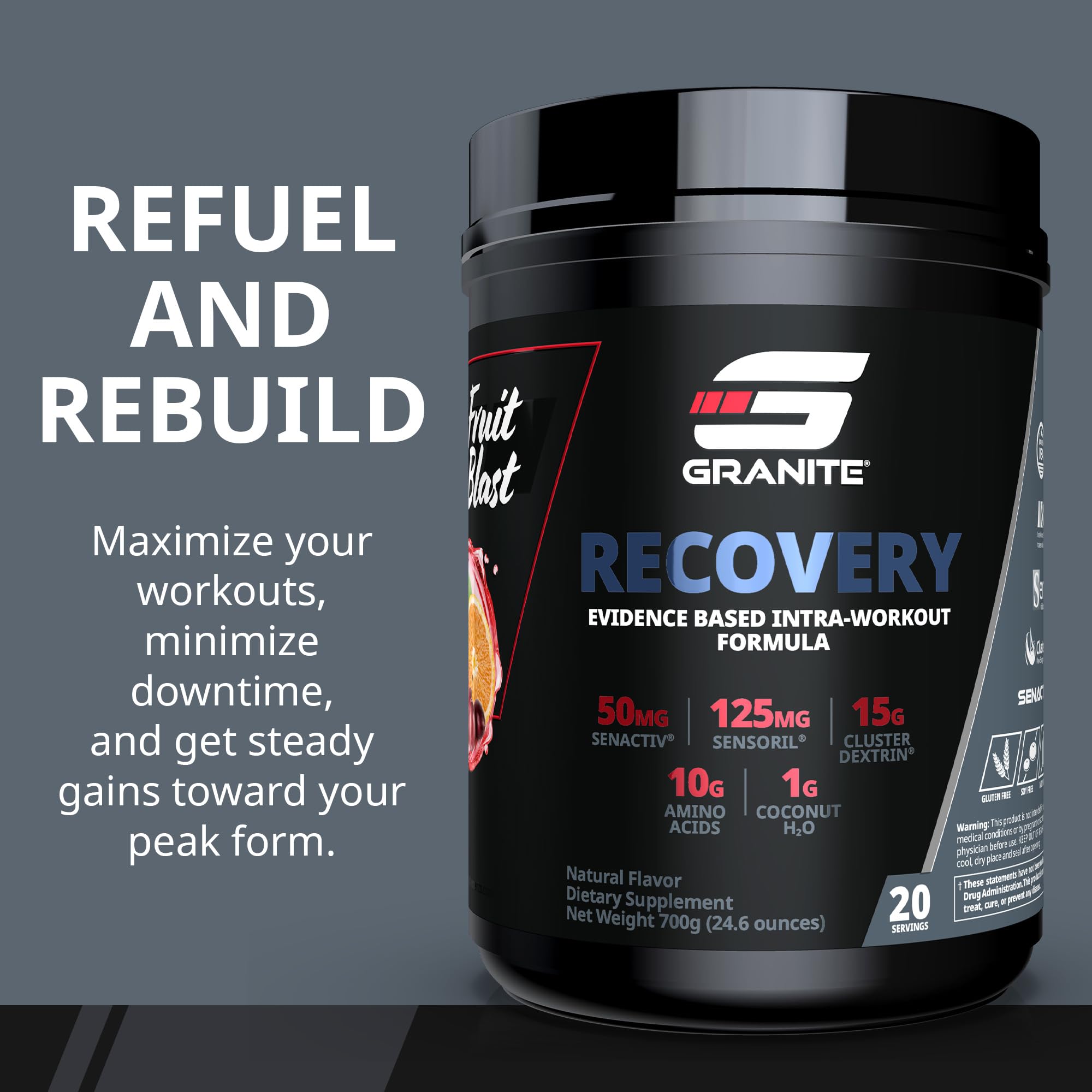 Granite Supplements polvo Recovery textura fina que facilita mezcla y rápida disolución