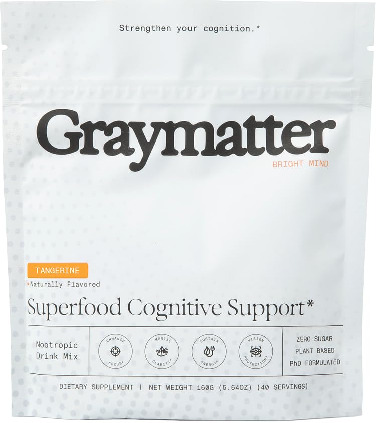 Graymatter empaque tangerine mostrando diseño y beneficios clave