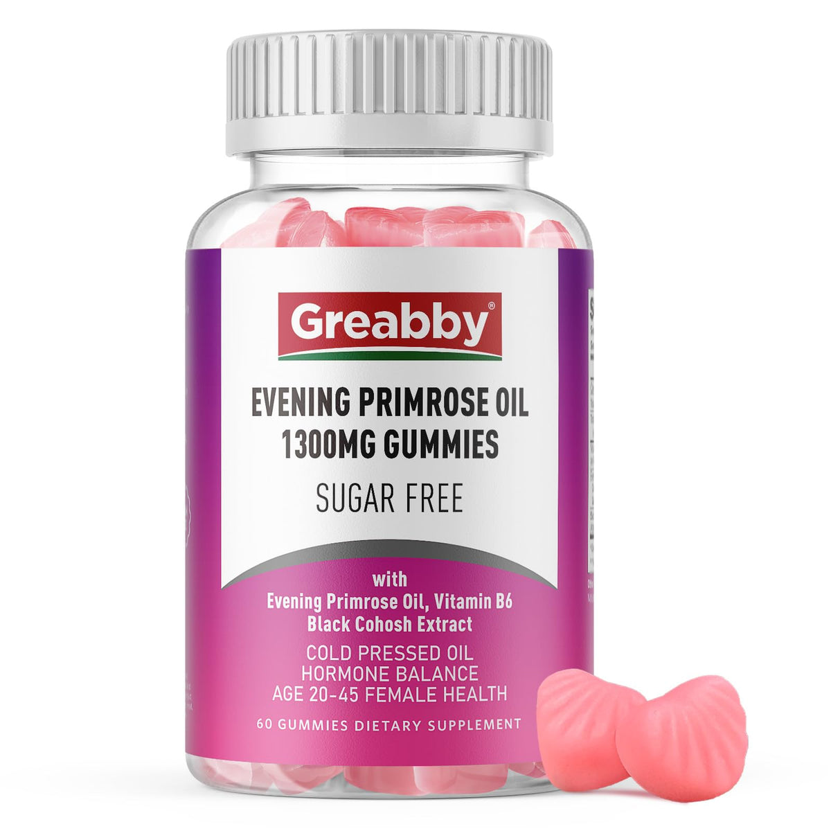 GREABBY frente del envase mostrando 60 gominolas y beneficios