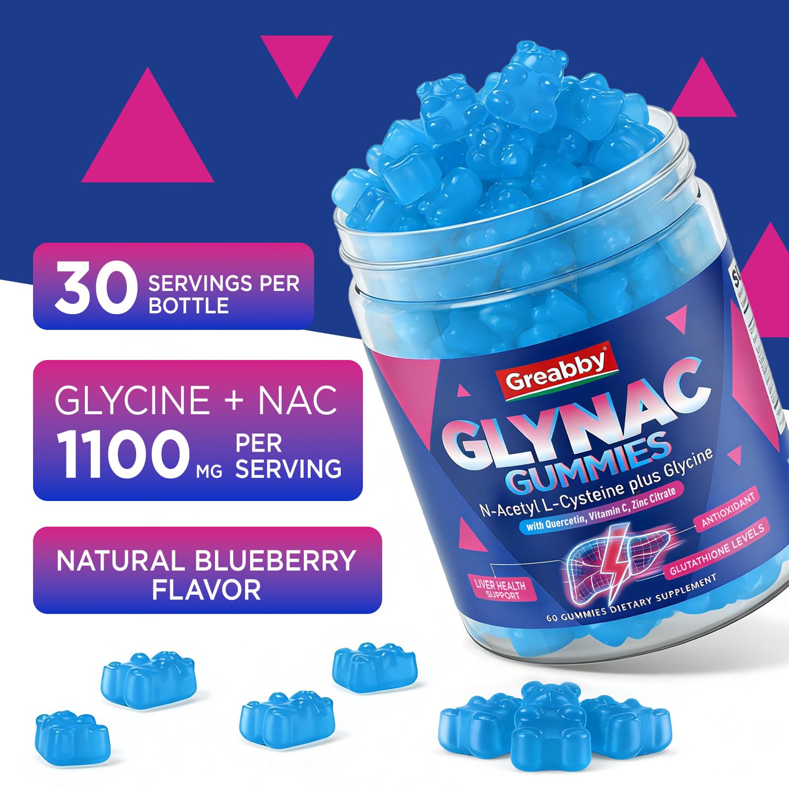 Detalle de la etiqueta GREABBY Glynac con lista de ingredientes y certificación GMP
