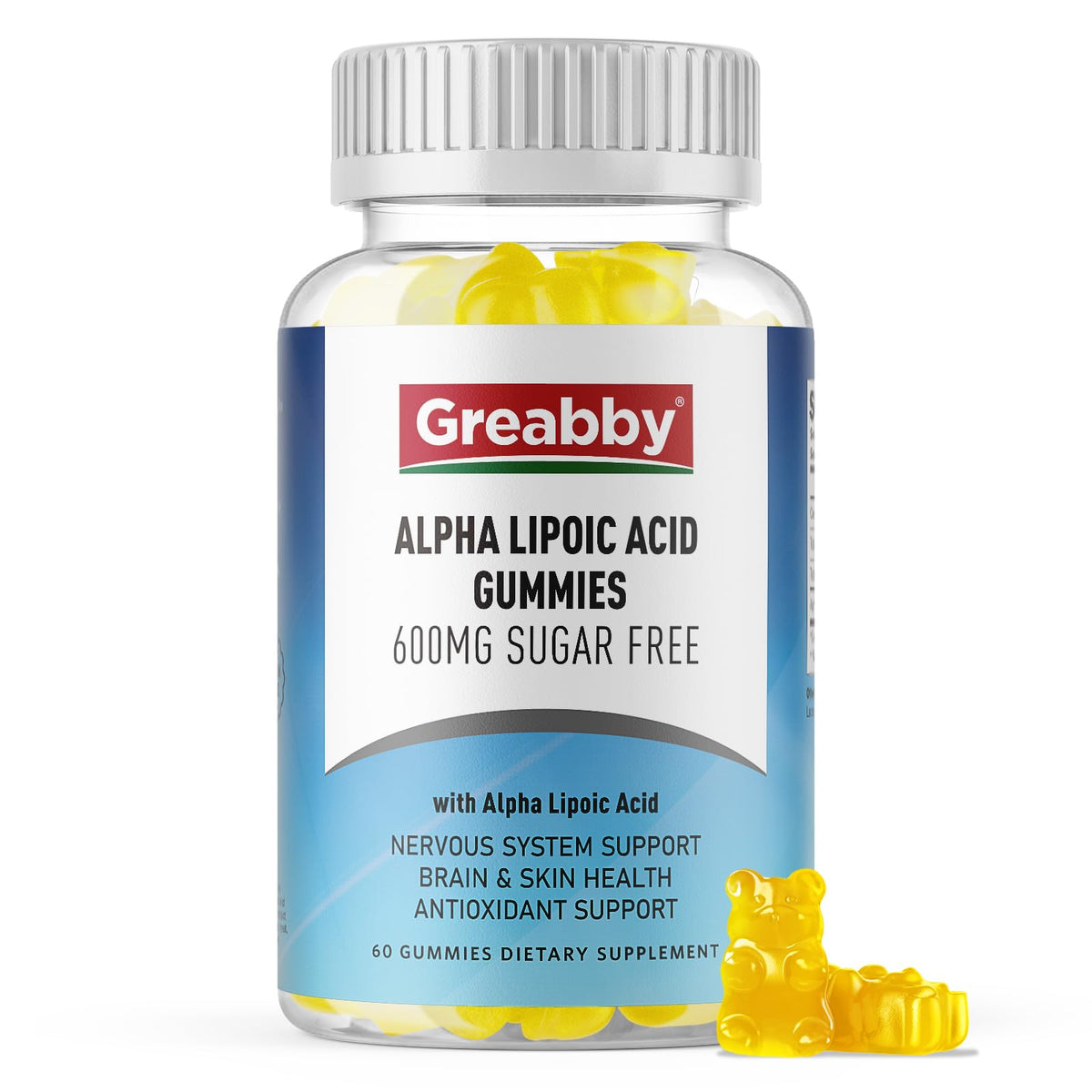 GREABBY envase frontal de gomitas ALA 600 mg sin azúcar mostrando botella