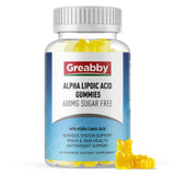 GREABBY envase frontal de gomitas ALA 600 mg sin azúcar mostrando botella