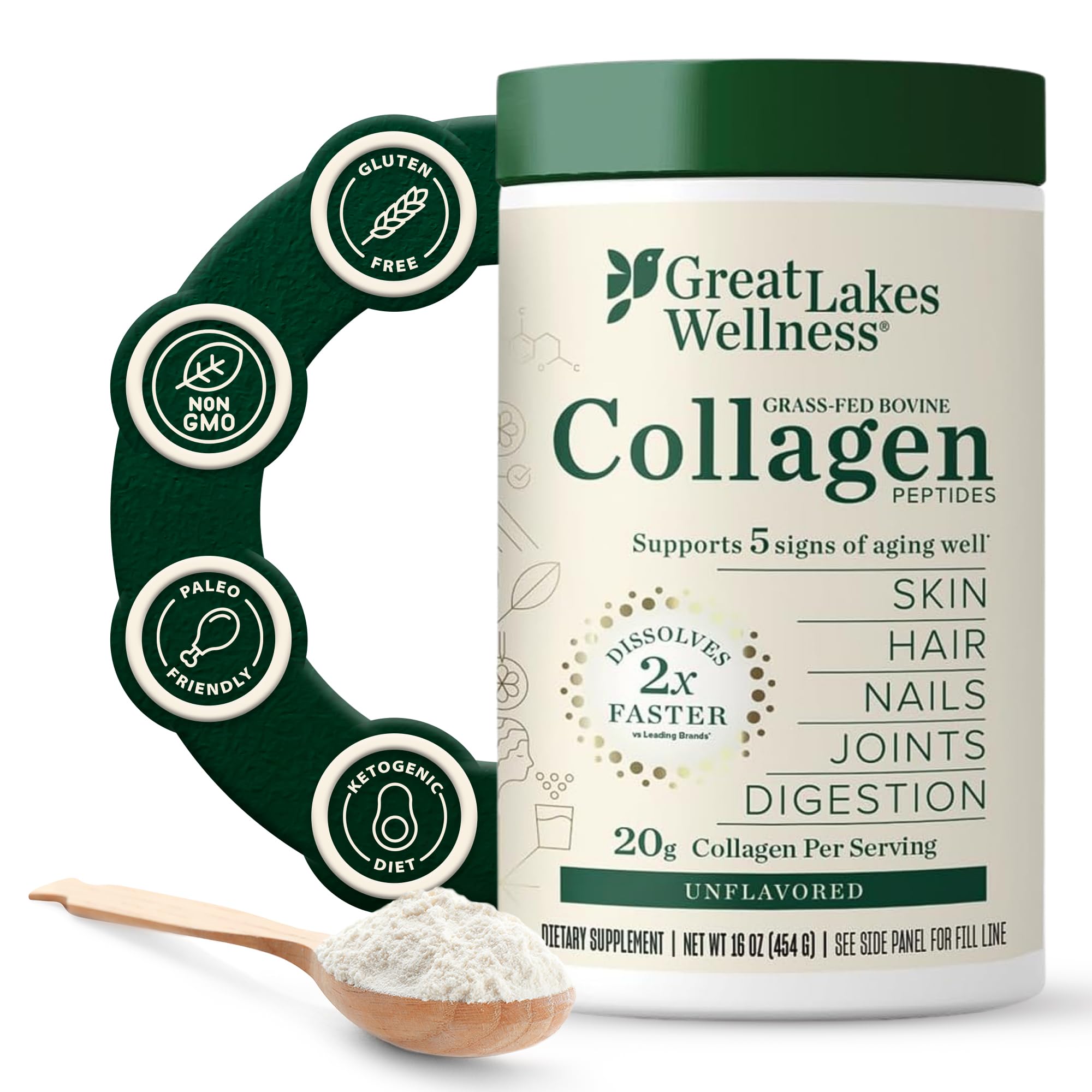 Great Lakes Gelatin envase frontal del colágeno, claridad sobre ingredientes