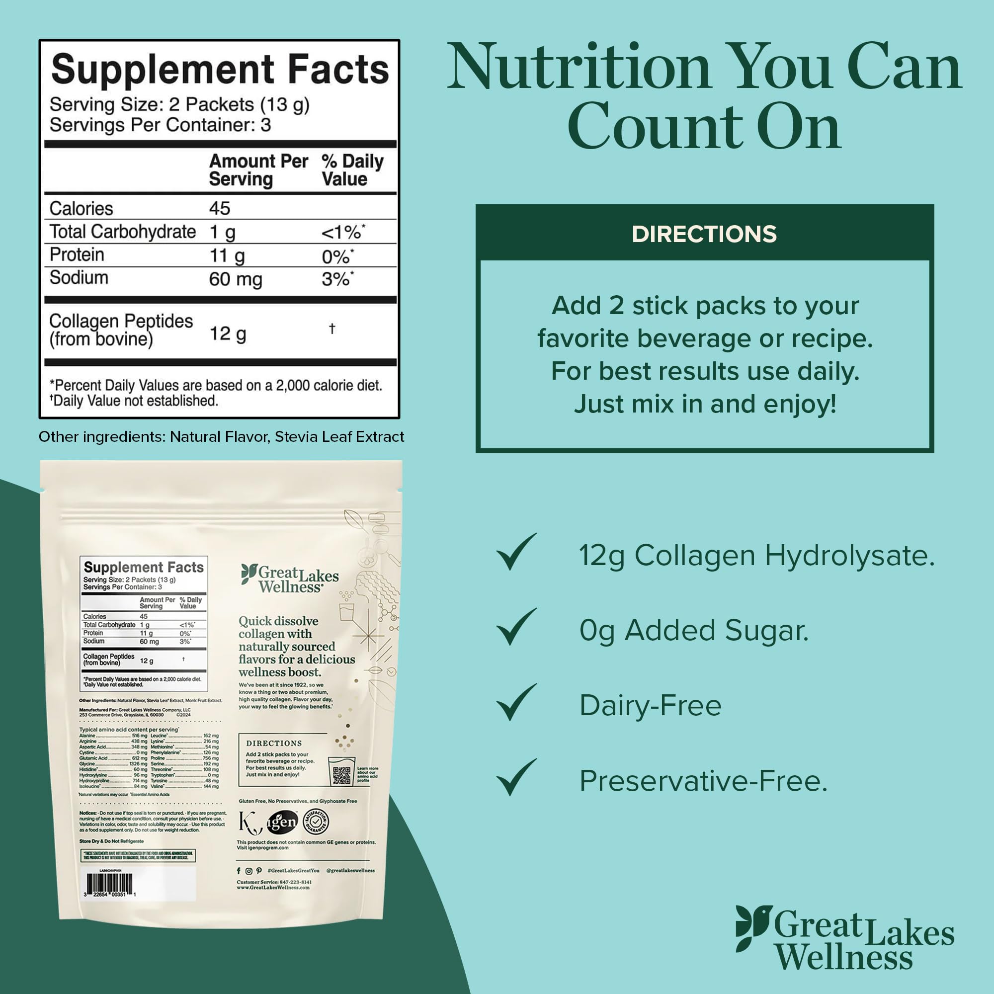Great Lakes Wellness etiqueta nutricional detallada con ingredientes claros