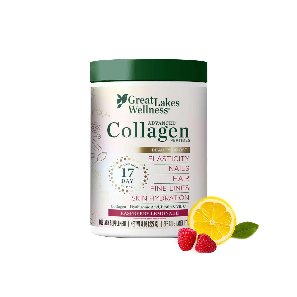 Great Lakes Gelatin envase frontal mostrando marca y sabor beneficios estéticos