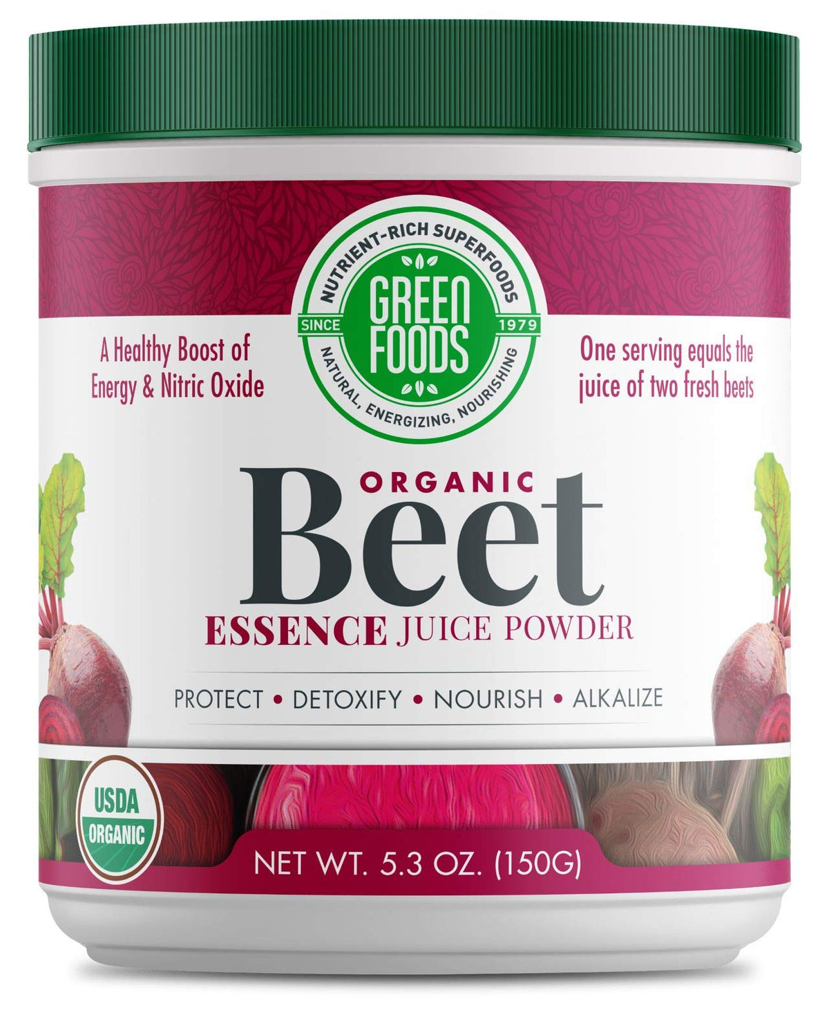 Green Foods frasco frontal mostrando Beet Essence y claridad de color