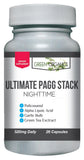 Green Organics cápsula nocturna junto a una lámpara, sugiere uso antes de dormir