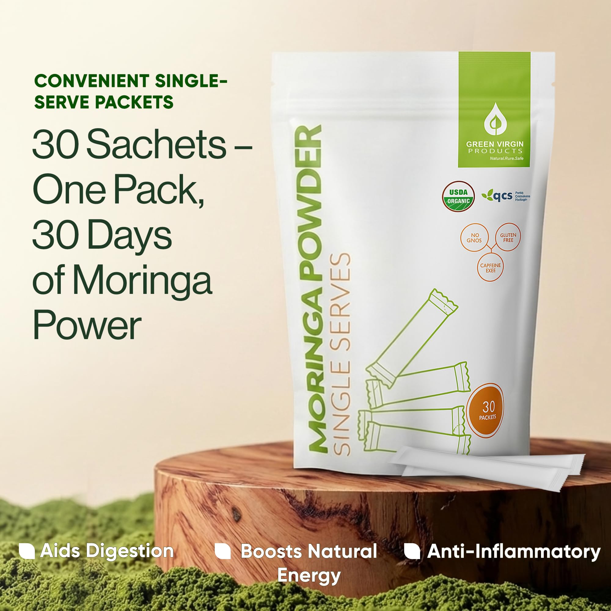 Green Virgin Products sachet en mochila de viaje, ideal para rutinas fuera de casa