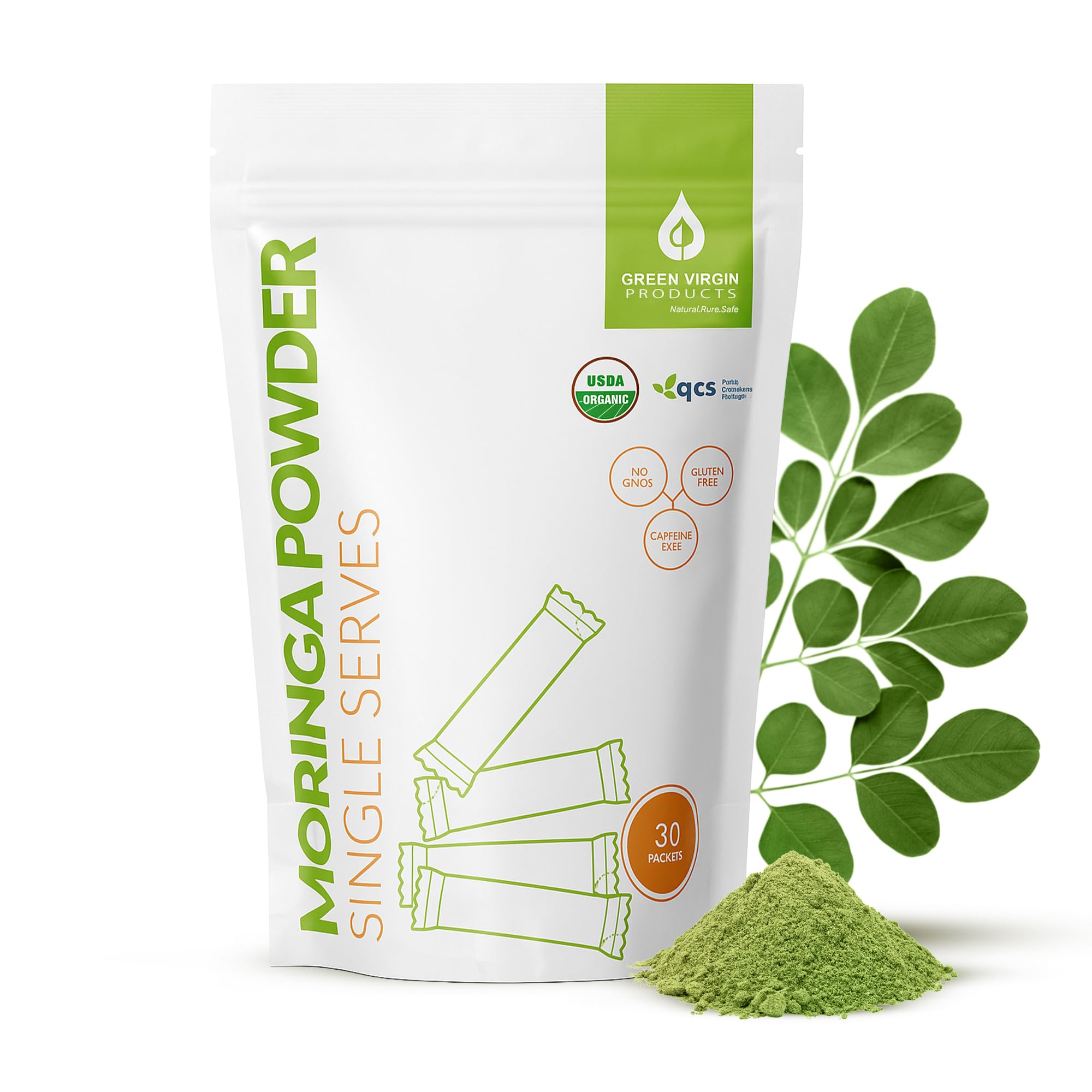 Green Virgin Products empaque frontal mostrando sobres, conveniencia para llevar