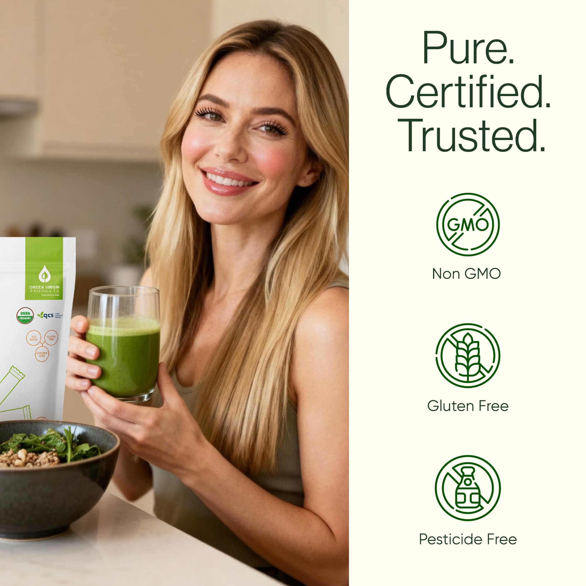 Green Virgin Products polvo de moringa visto de cerca, textura fina que facilita mezcla