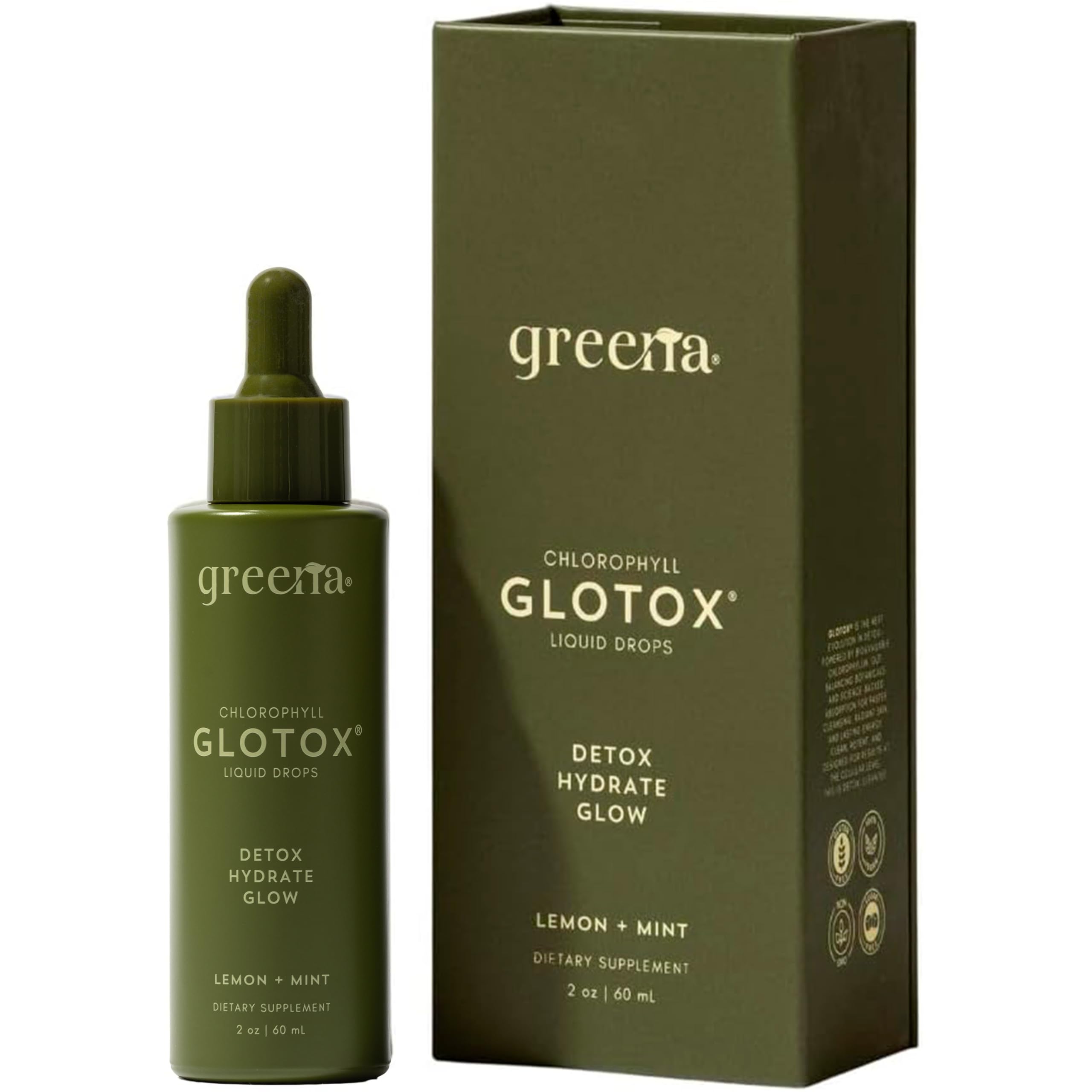 Greena GLOTOX frontal mostrando botella y gotero, conveniencia diaria