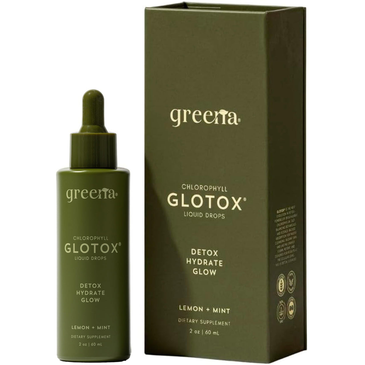 Greena GLOTOX frontal mostrando botella y gotero, conveniencia diaria