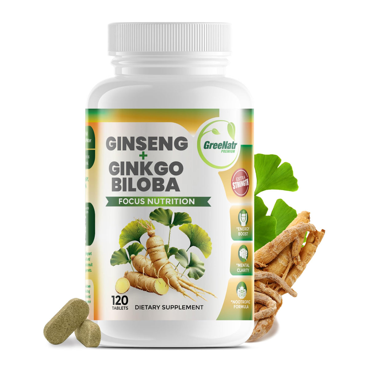 GreeNatr envase frontal mostrando 120 tabletas y beneficios visibles