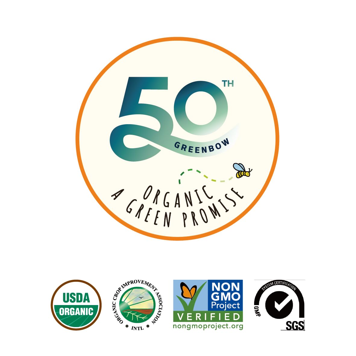 Greenbow etiqueta con certificaciones USDA Organic y Non-GMO visibles