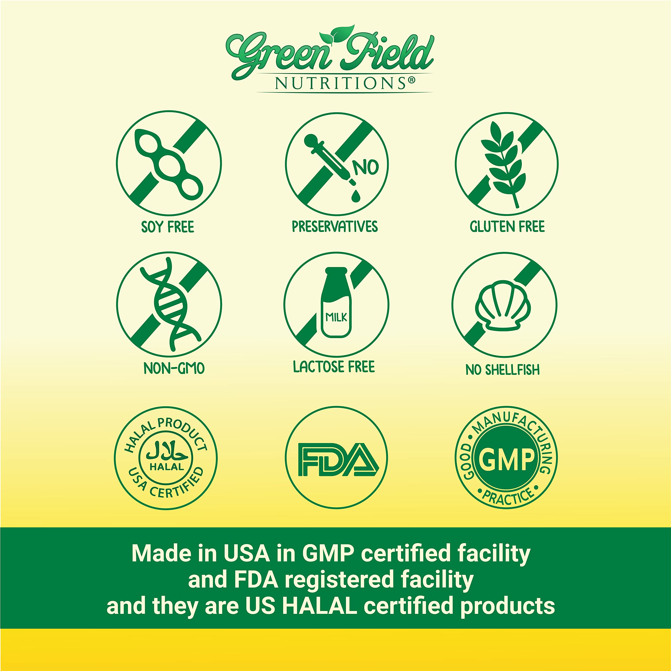 Green Field Nutritions etiqueta con información de EPA, DHA y certificaciones