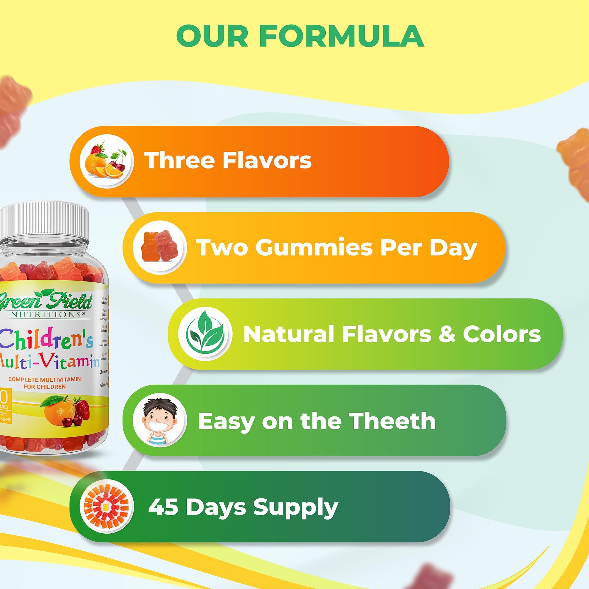 Etiqueta nutricional Greenfield Nutritions con lista de vitaminas y minerales