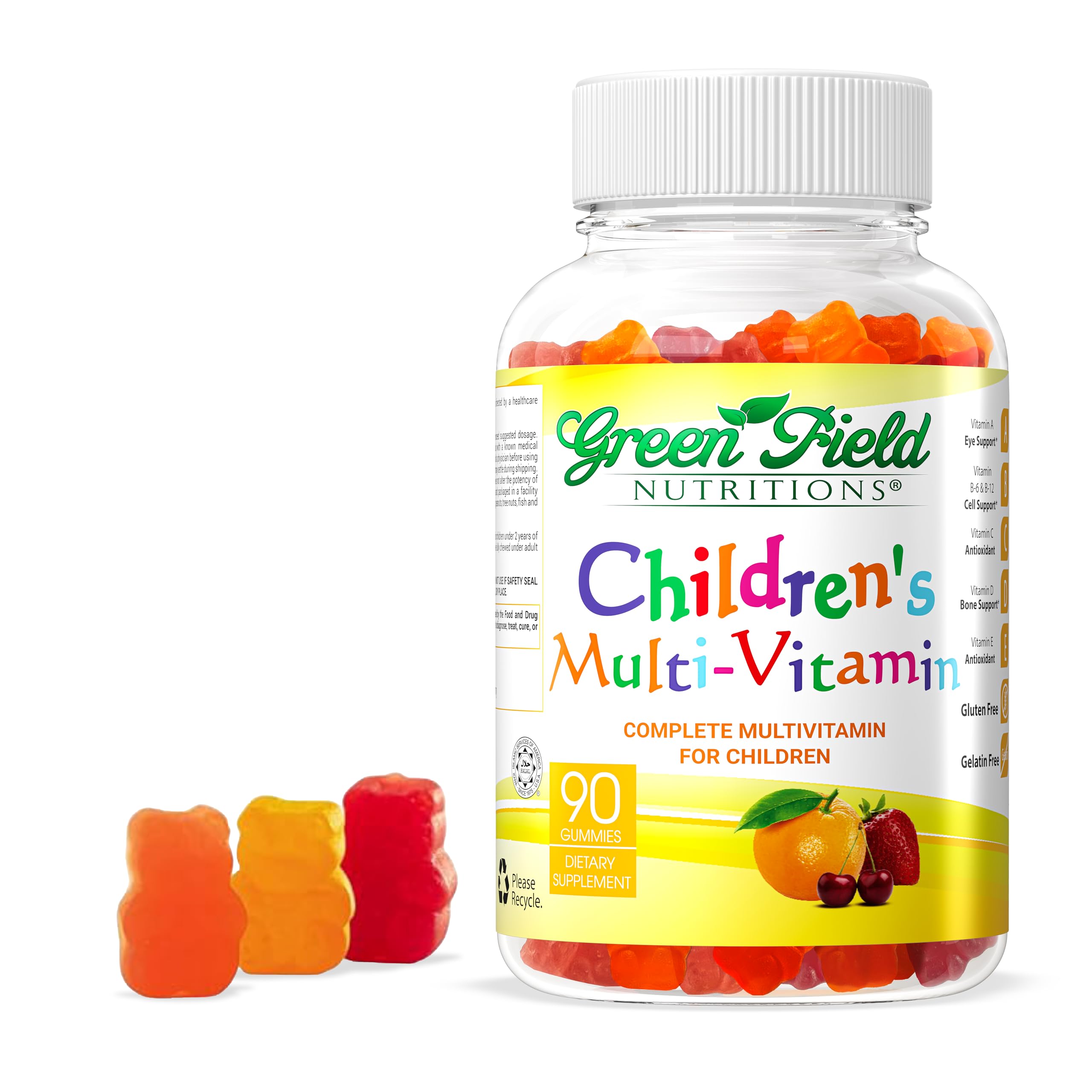 Greenfield Nutritions frasco frontal mostrando 90 gomitas y certificación Halal