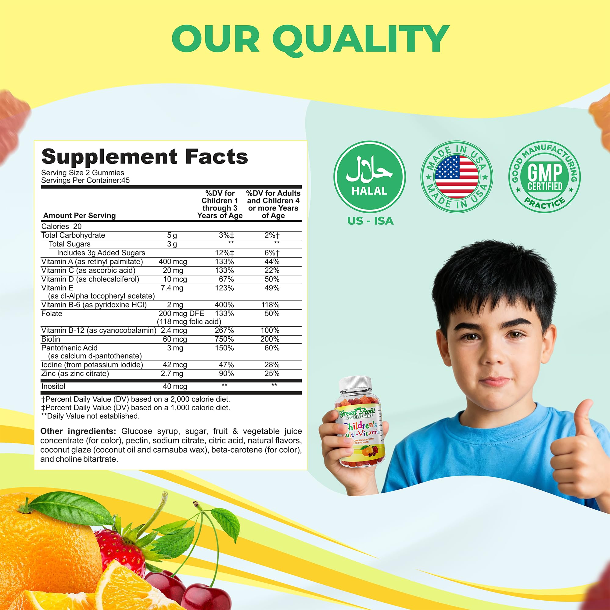 Frutas naturales cerca de gomitas Greenfield que ilustran sabores naturales