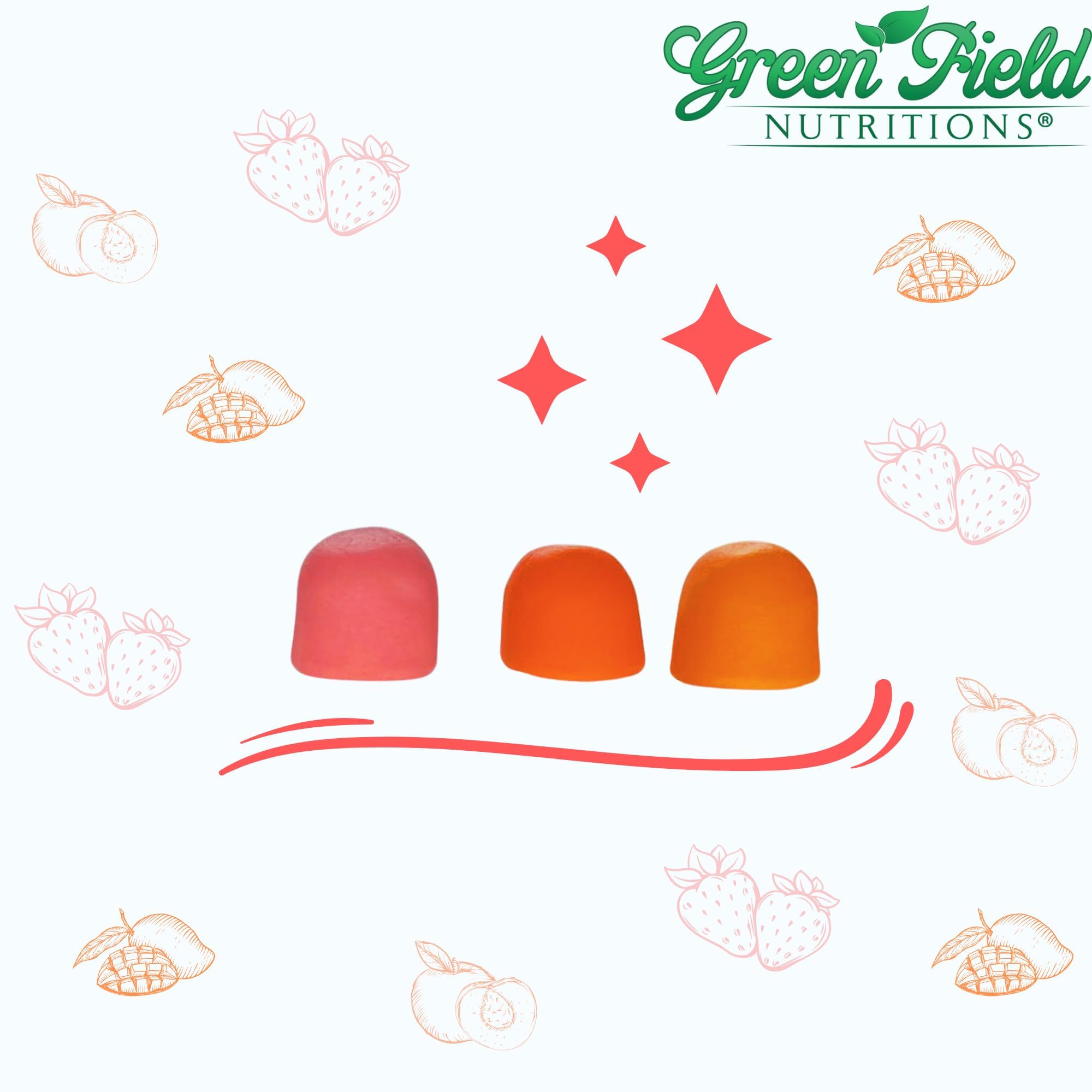 Greenfield Nutritions frasco abierto con gomitas visibles para consulta de cantidad
