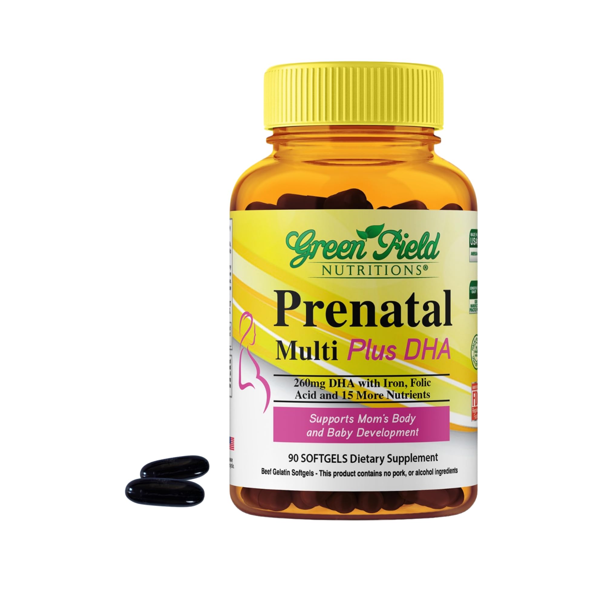 Green Field Nutritions frasco frontal mostrando 90 softgels y facilidad de uso