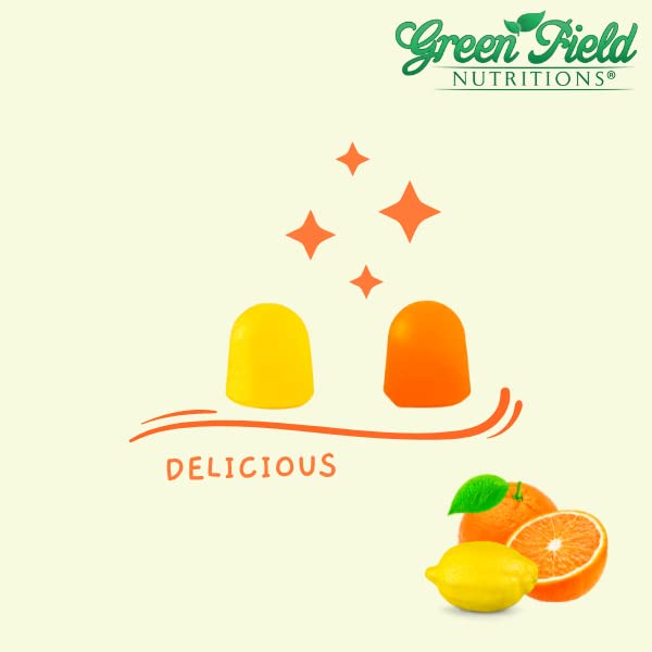 Greenfield Nutritions gominolas sobre fondo cítrico que resaltan sabor natural