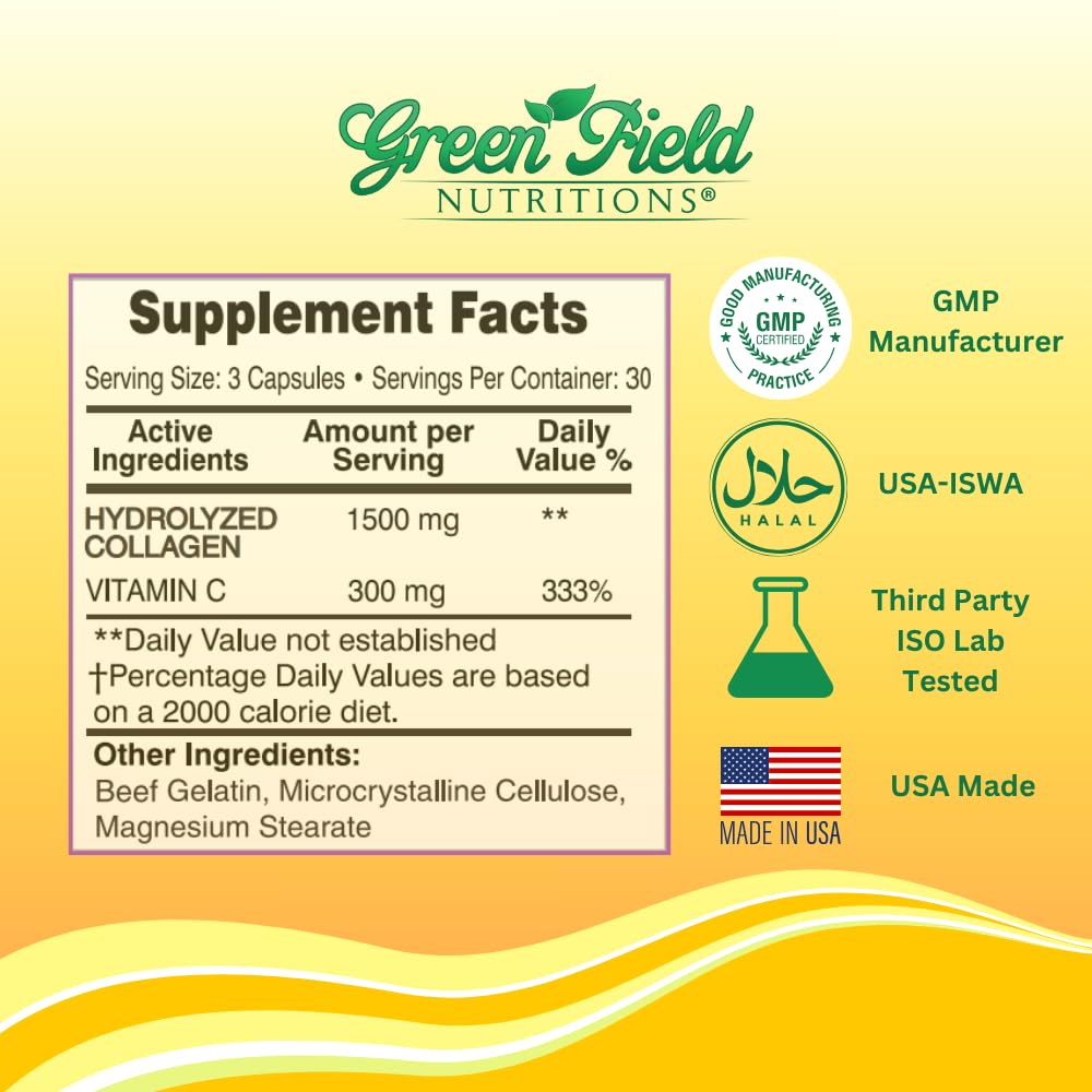 Green Field Nutritions cápsula junto a vaso, uso diario para piel y articulaciones