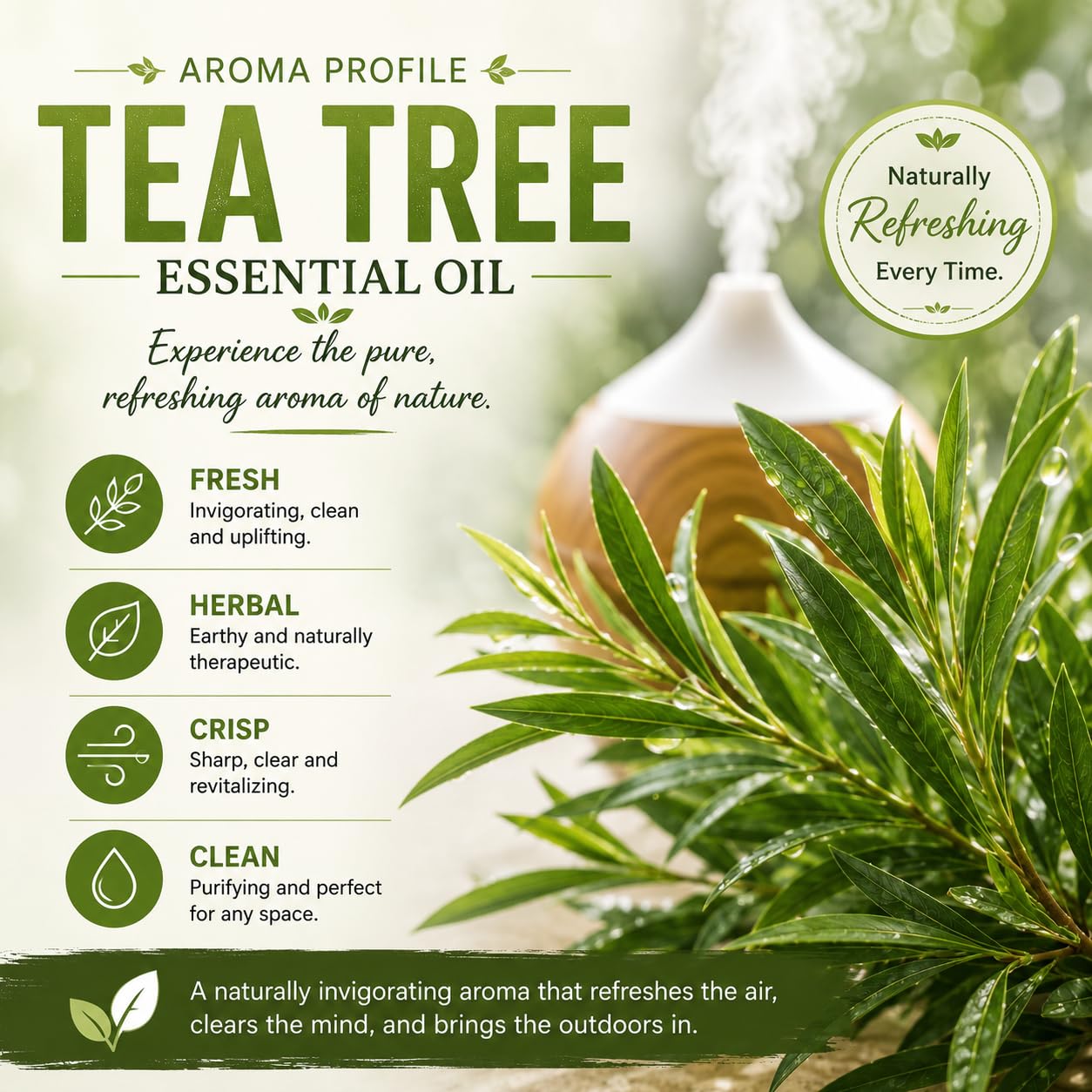 GreenHealth aceite en difusor emitiendo vapor, mejora ambiente con aroma herbal