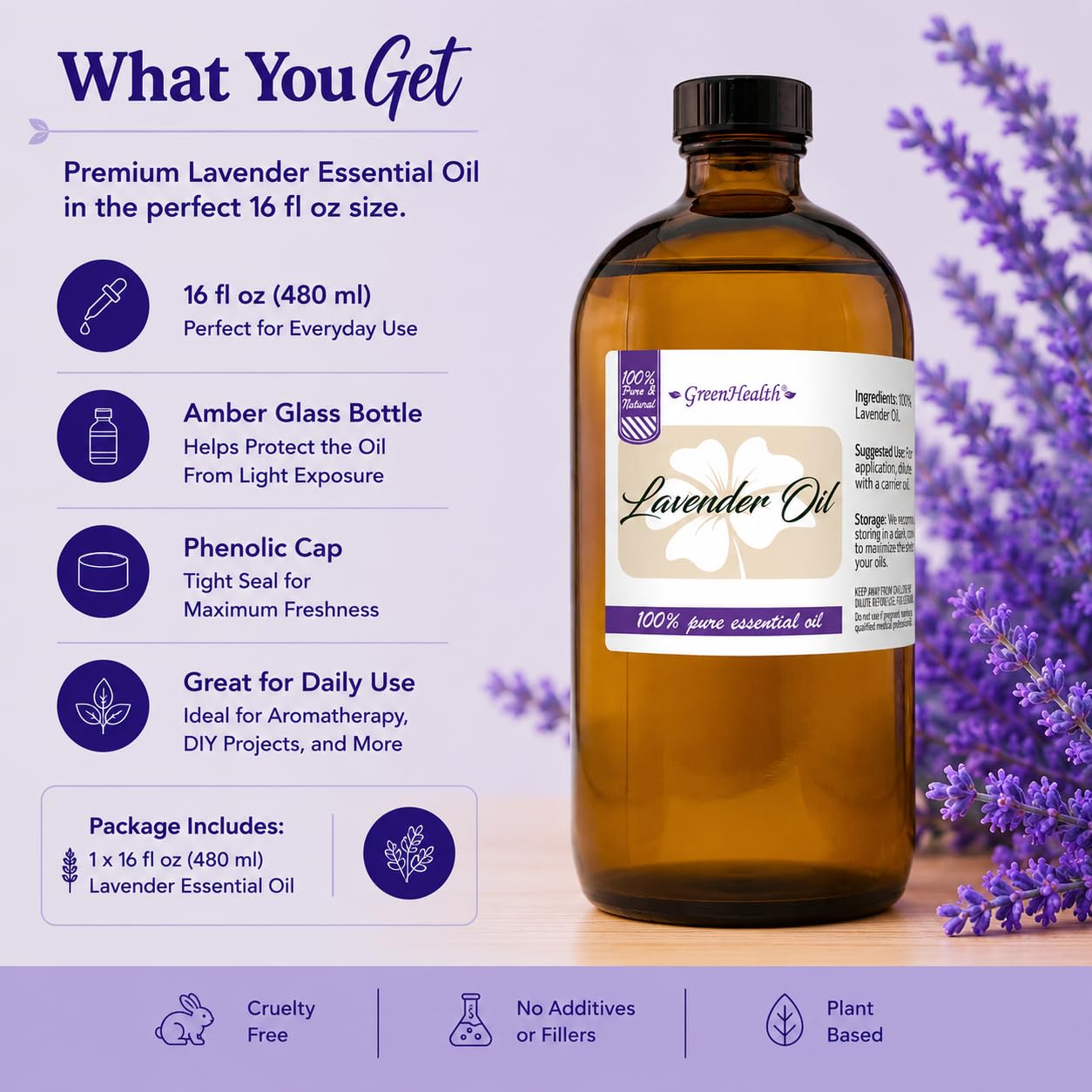GreenHealth gota de aceite de lavanda en cuchara, presentación pura y limpia