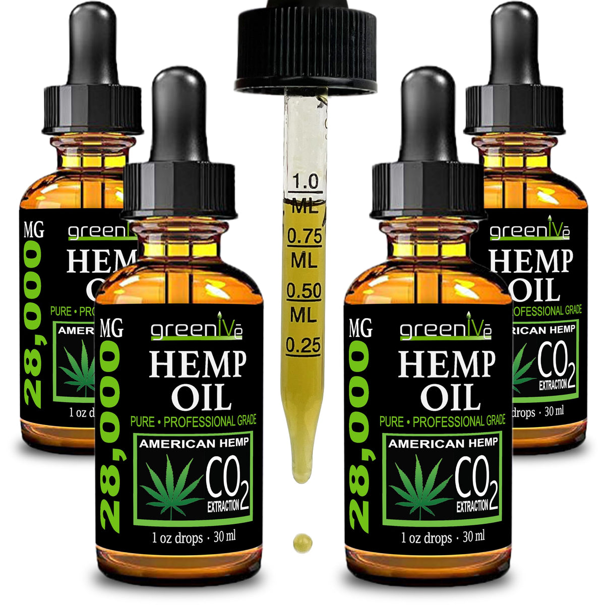 GreenIVe frasco frontal mostrando etiqueta y cuentagotas, confianza y pureza