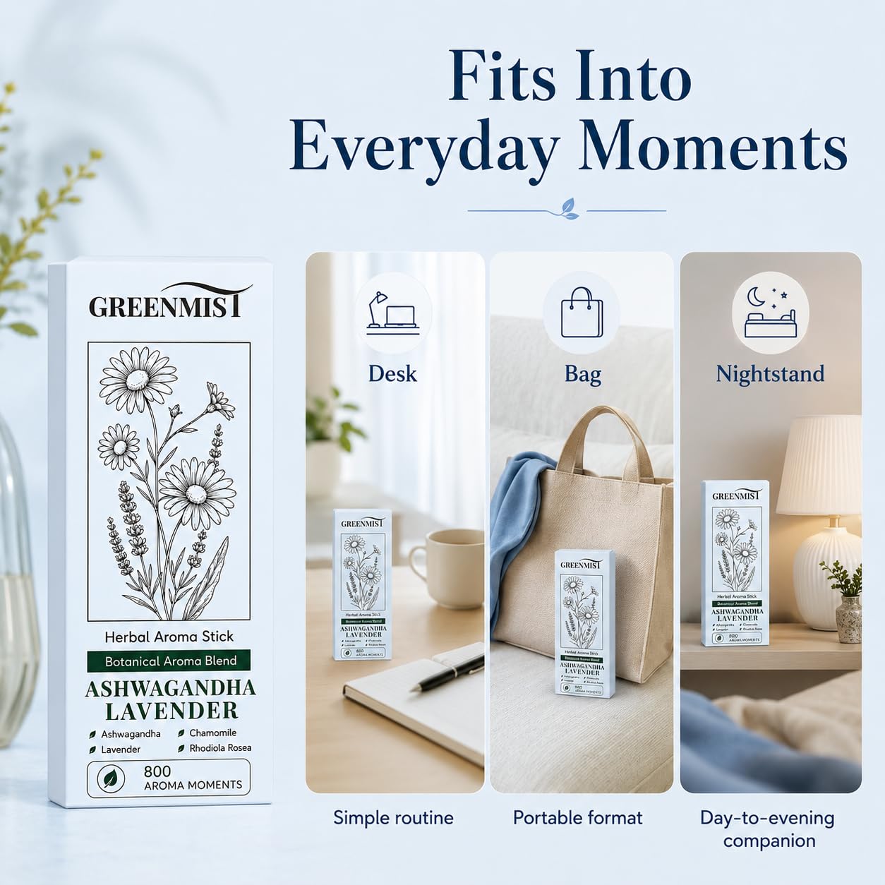 Etiqueta del GREENMIST con notas de lavanda, manzanilla y ashwagandha visibles