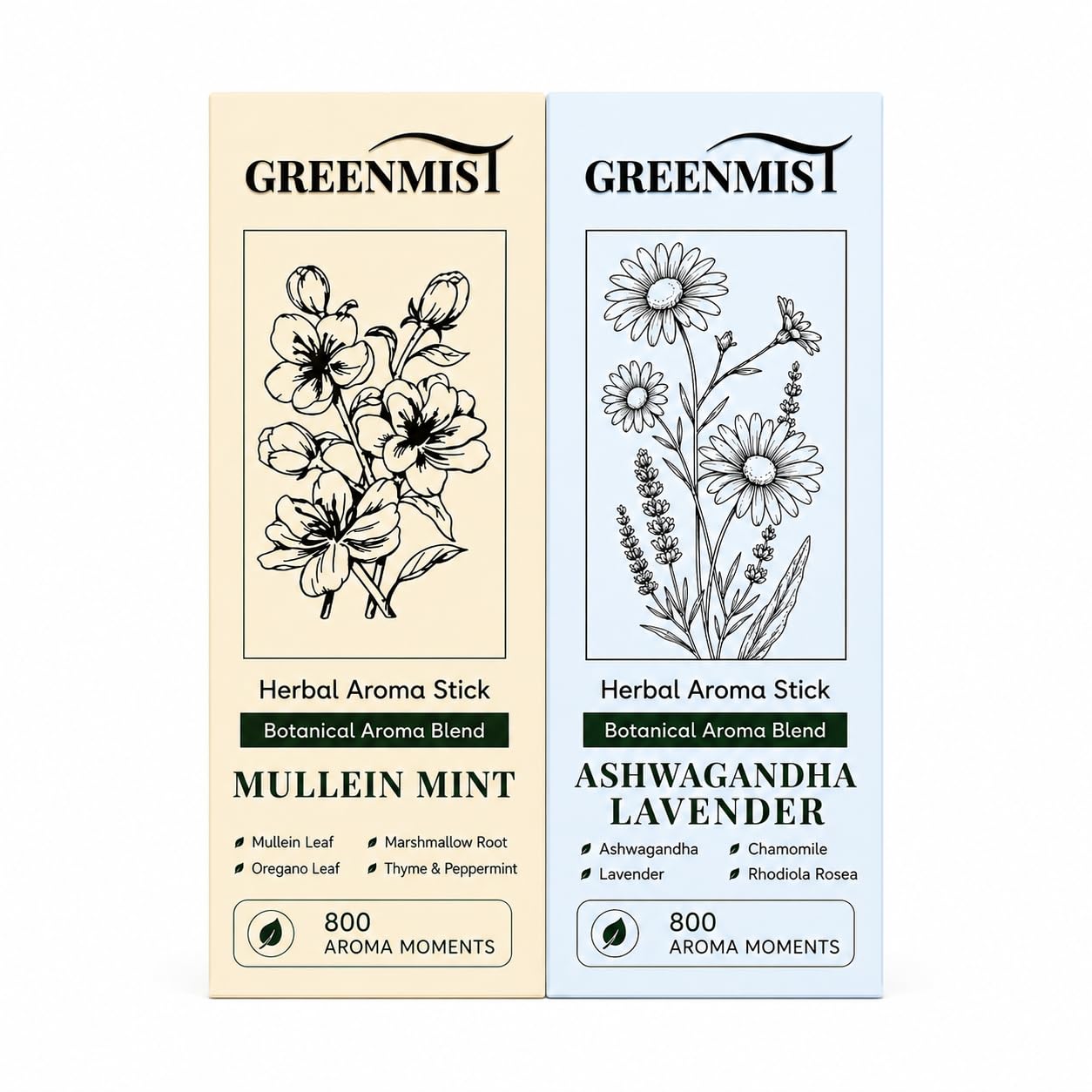 GreenMist embalaje frontal mostrando ambos sticks y beneficio de variedad