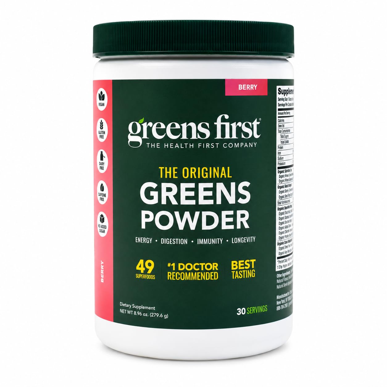 Greens First envase Berry mostrando etiqueta y tamaño, facilita elección nutritiva
