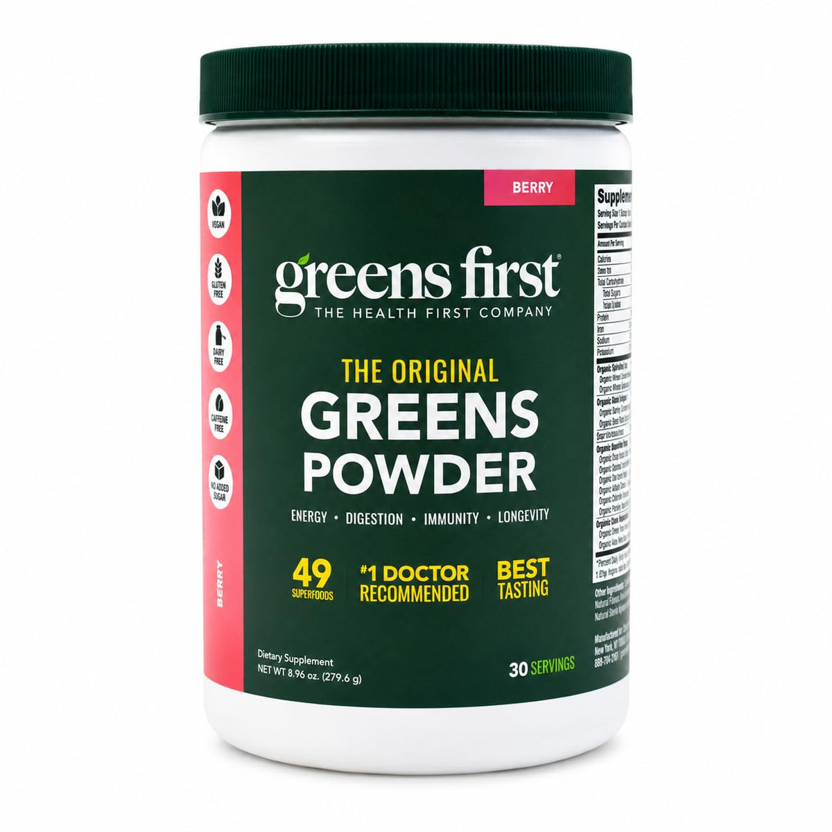 Greens First envase Berry mostrando etiqueta y tamaño, facilita elección nutritiva