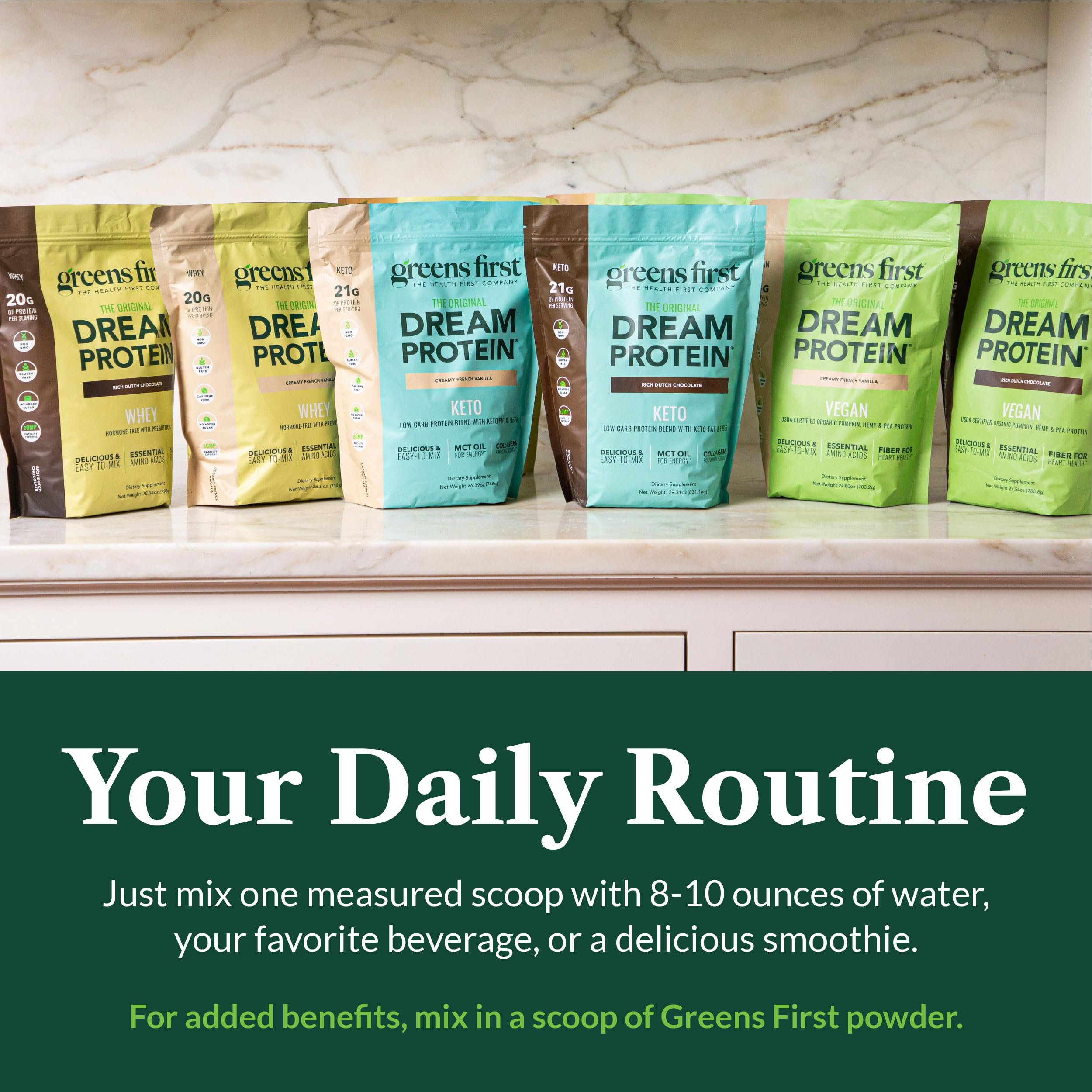 Greens First polvo con cacao y estevia para ilustrar ingredientes naturales y sabor