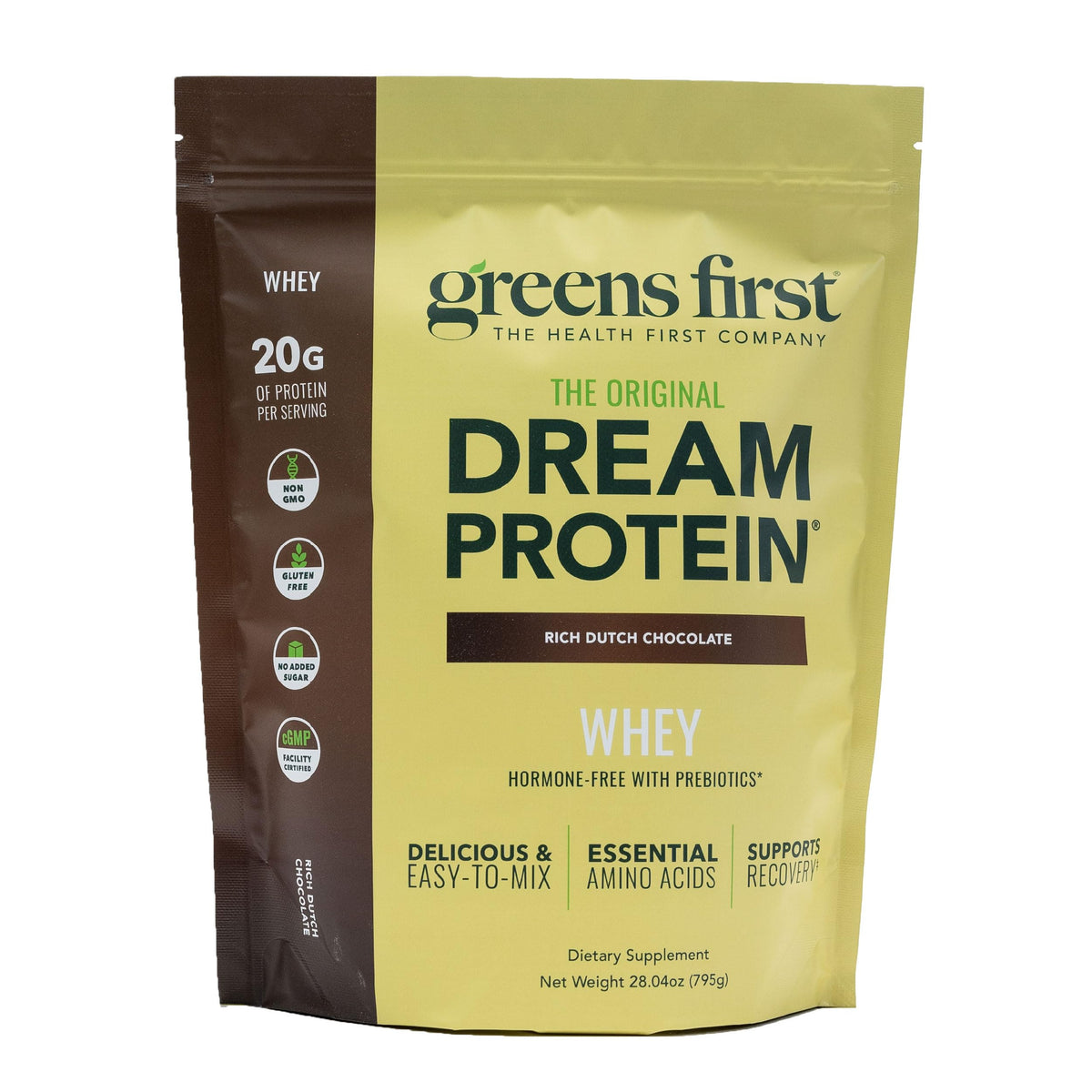 Greens First envase frontal mostrando sabor Rich Dutch Chocolate y claridad de ingredientes