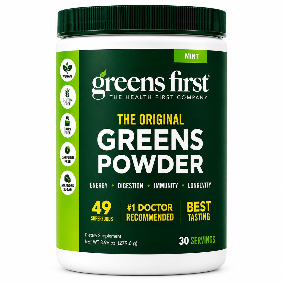 Greens First envase frontal sabor menta mostrando diseño y porciones
