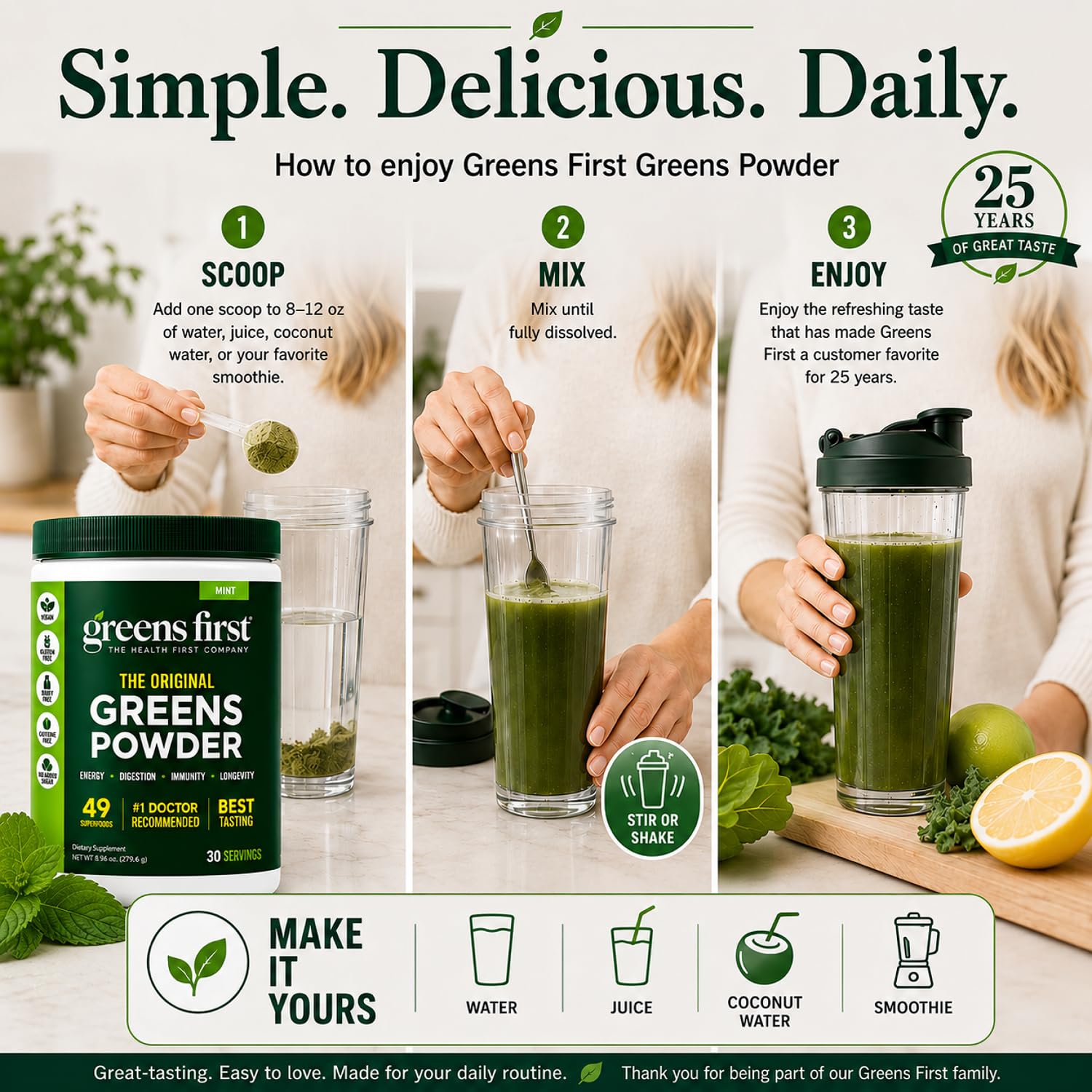 Greens First etiqueta con lista de ingredientes y sellos de calidad