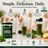 Greens First etiqueta con lista de ingredientes y sellos de calidad