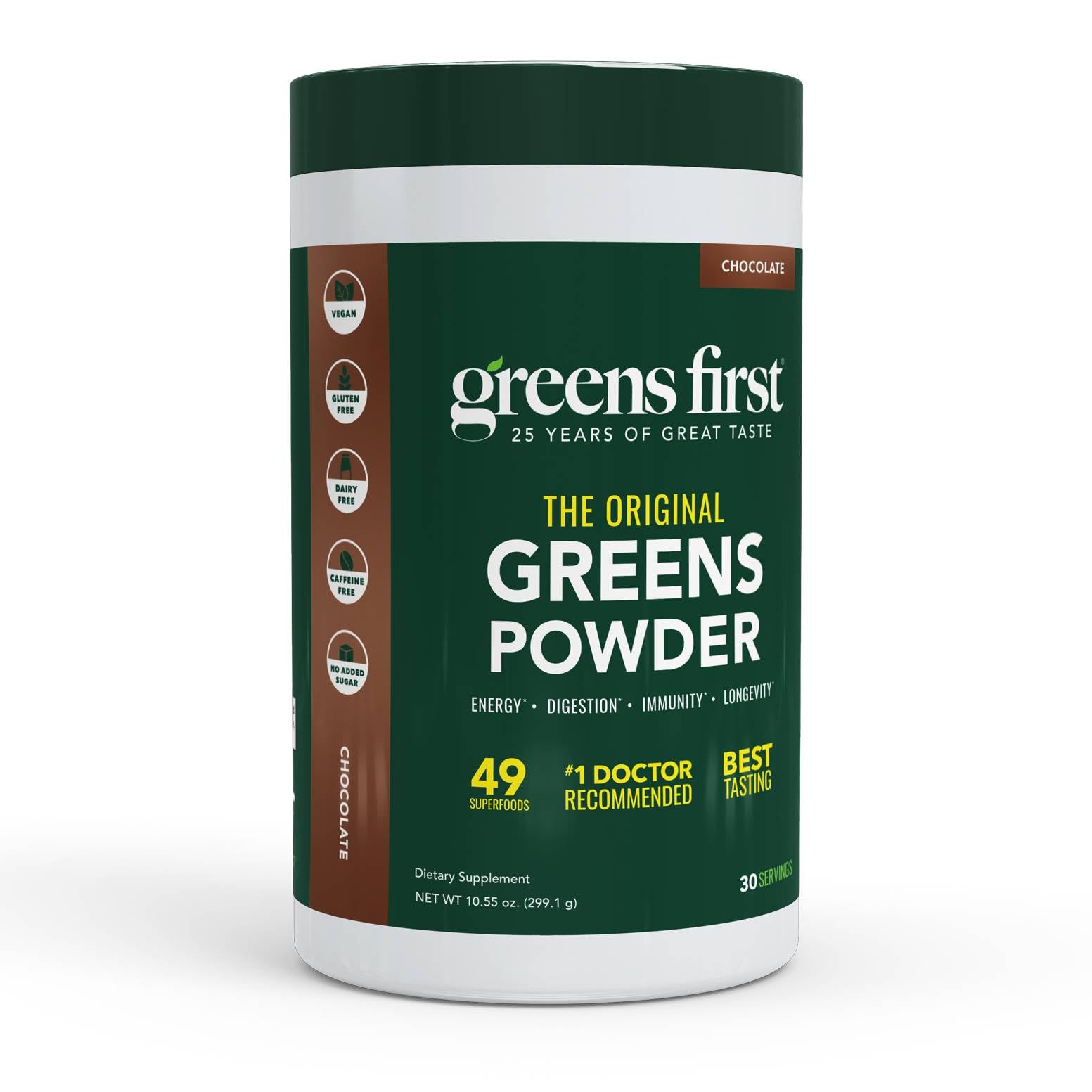 Envase Greens First frente visible sabor chocolate, aporta conveniencia diaria